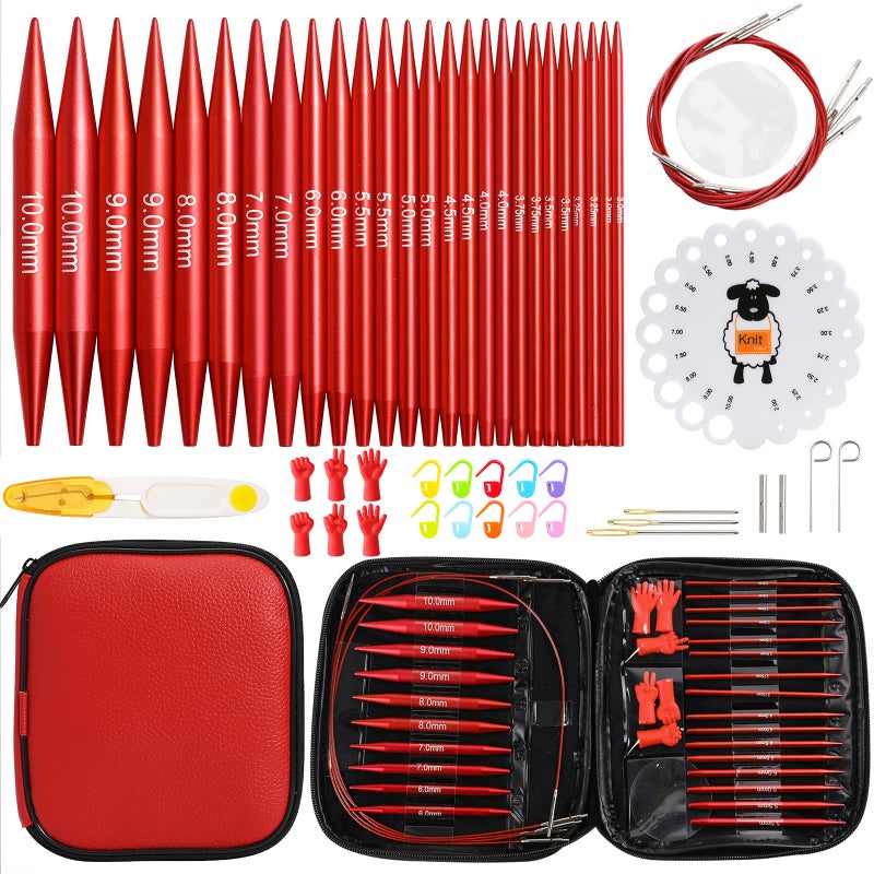 LOOEN 57pcs Aluminum Circular Knitting Needles Set with Ergonomic Handles,13 Size Interchangeable Crochet Needles with Storage Case for Small Project (Style 1) - Image 1
